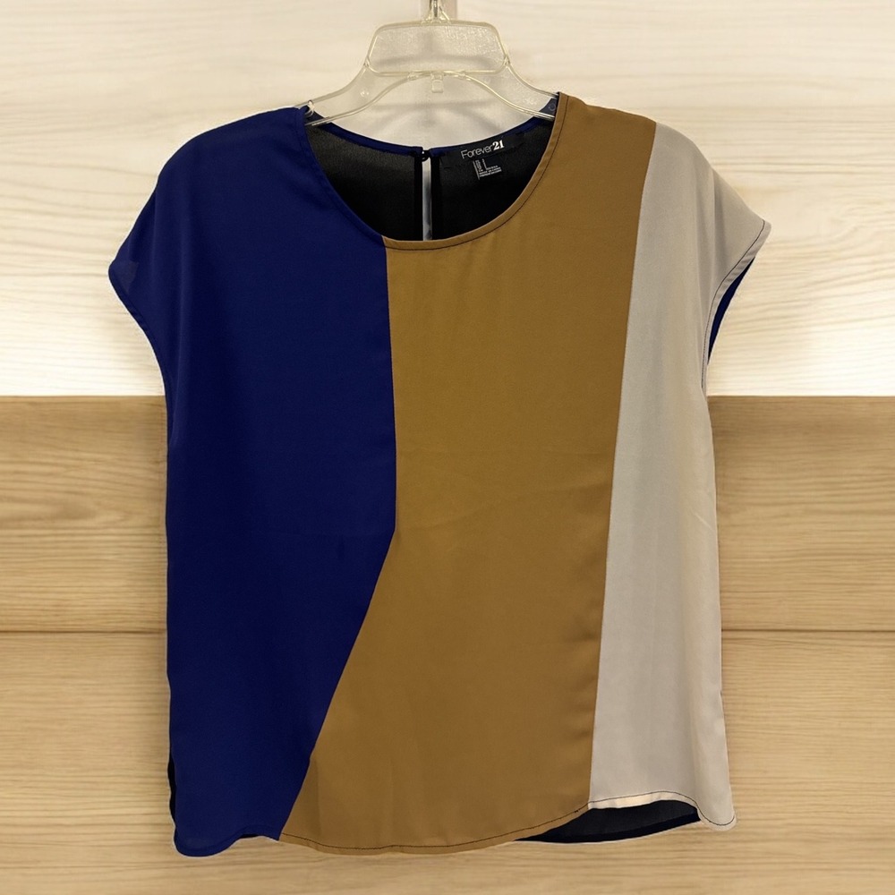 Forever 21 color block blue tan ivory‎ semi sheer blouse women's juniors size s